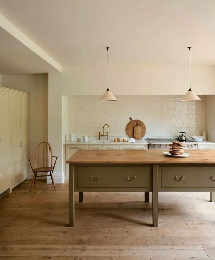 Devol shaker kitchen with cream cabinets and green island with butcher block countertop
