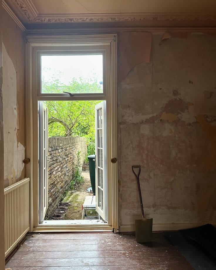 Unfinished home with exposed peeling plaster walls and garden shovel, door leading to outdoors
